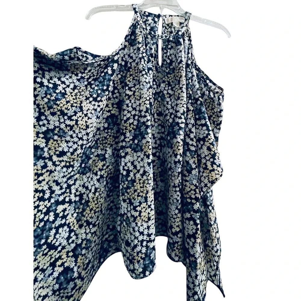 Michael Kors‎ Floral Cold Shoulder Chain Halter Neck Blouse Navy Blue Cream L